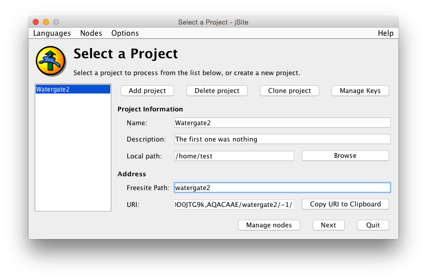 jSite Select a project with filled fields Screenshot